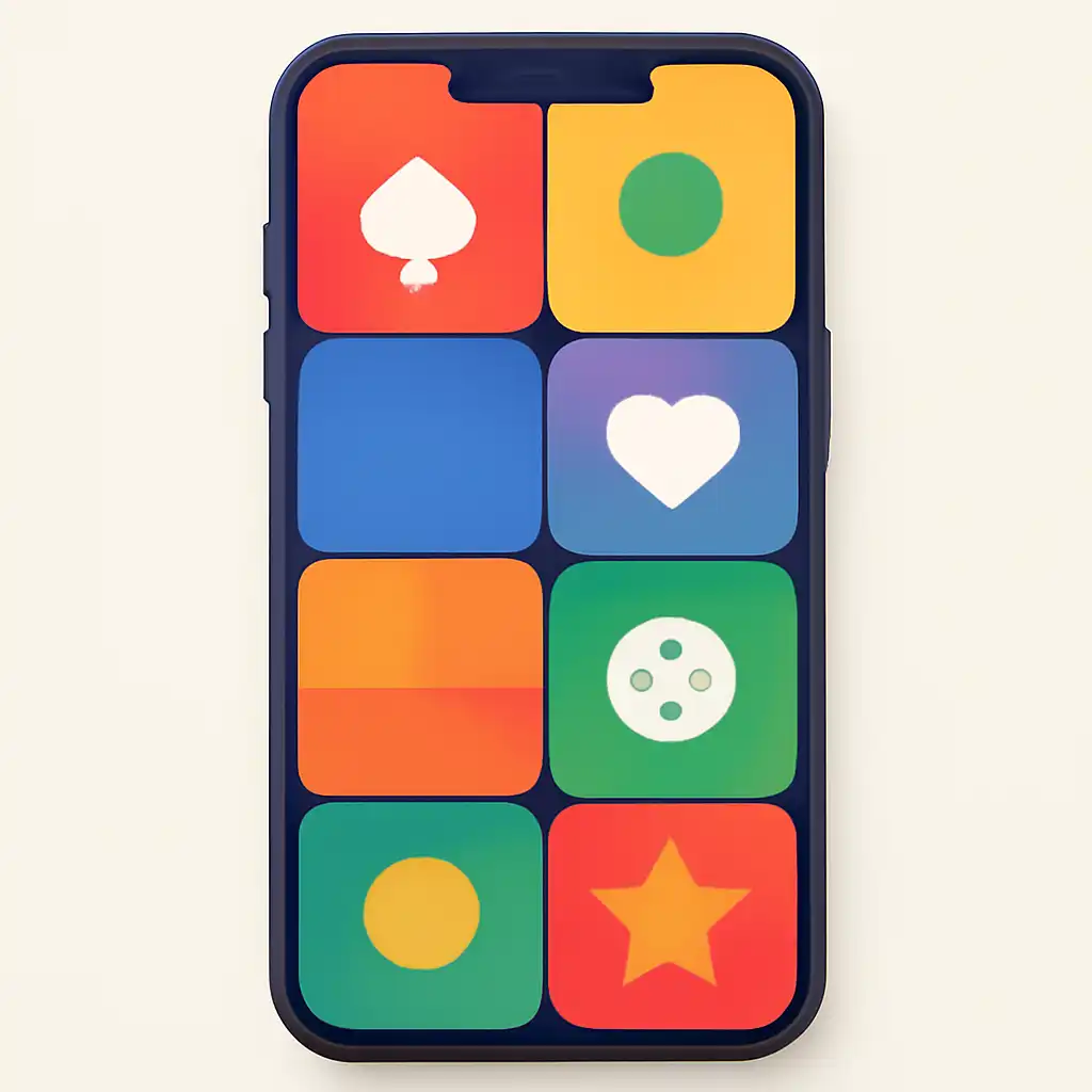 Smartphone shown from the front displaying a colourful flat layout of abstract game icons and rounded tiles (no text, no letters, no labels), Club colour