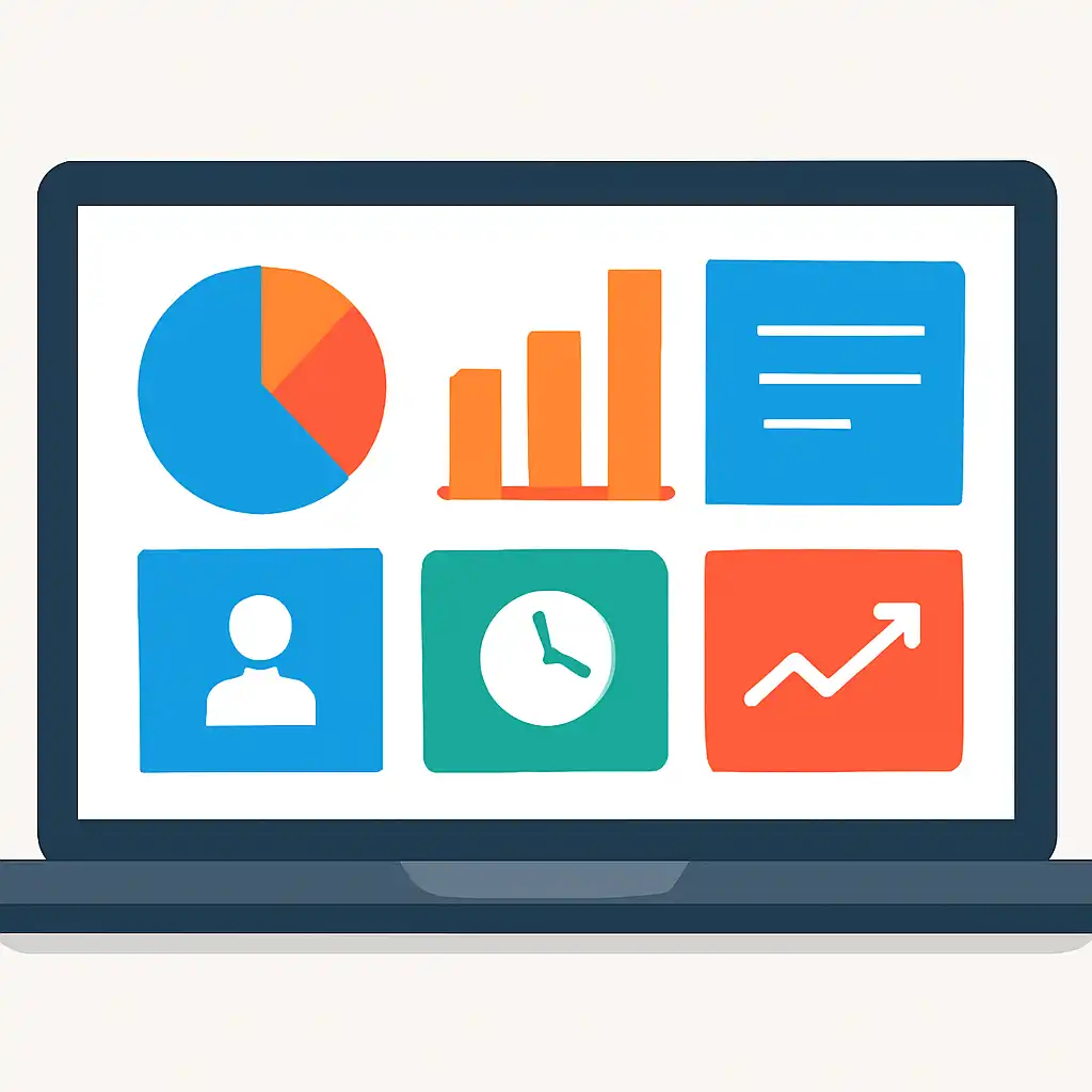 Laptop shown from the front displaying a colourful flat dashboard of abstract charts, bars and icon tiles (no text, no letters, no labels), Club colour