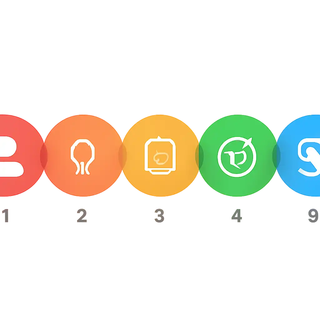 Five numbered circular icons connected by arrows in a horizontal flow, flat illustration, icons only, no words, Club colour steps