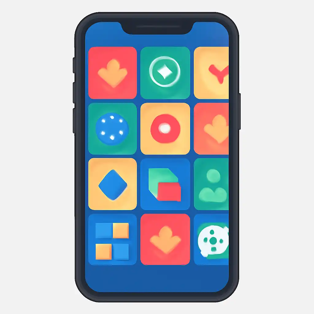 Smartphone shown from the front displaying a colourful flat layout of abstract game icons and rounded tiles (no text, no letters, no labels), Business