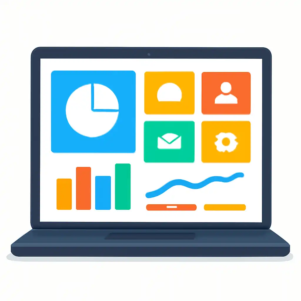 Laptop shown from the front displaying a colourful flat dashboard of abstract charts, bars and icon tiles (no text, no letters, no labels), Business