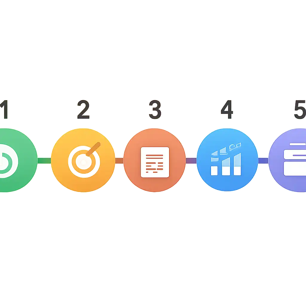 Five numbered circular icons connected by arrows in a horizontal flow, flat illustration, icons only, no words, Business steps