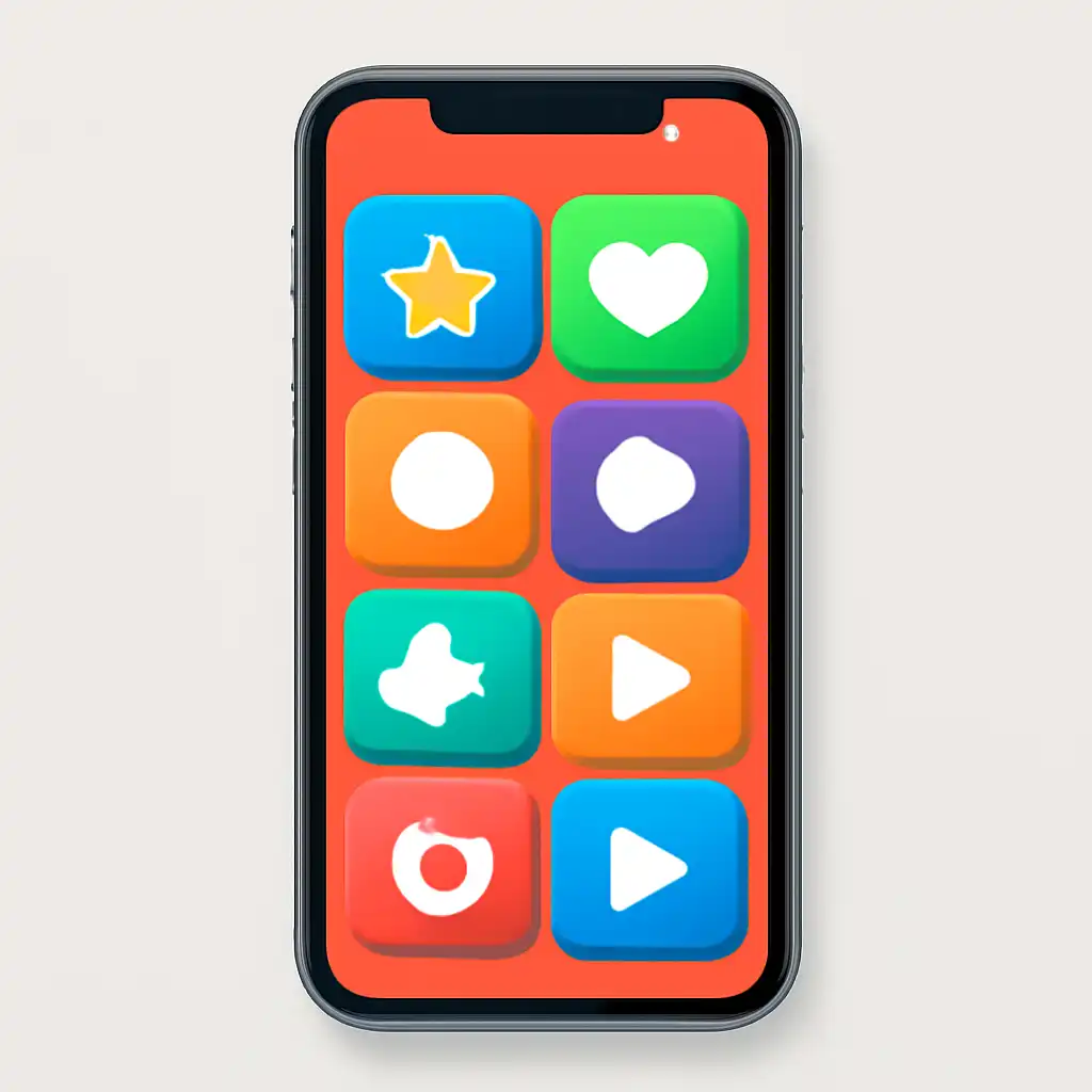Smartphone shown from the front displaying a colourful flat layout of abstract game icons and rounded tiles (no text, no letters, no labels), Star star
