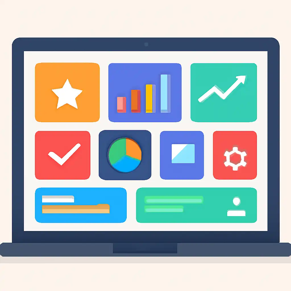 Laptop shown from the front displaying a colourful flat dashboard of abstract charts, bars and icon tiles (no text, no letters, no labels), Star star