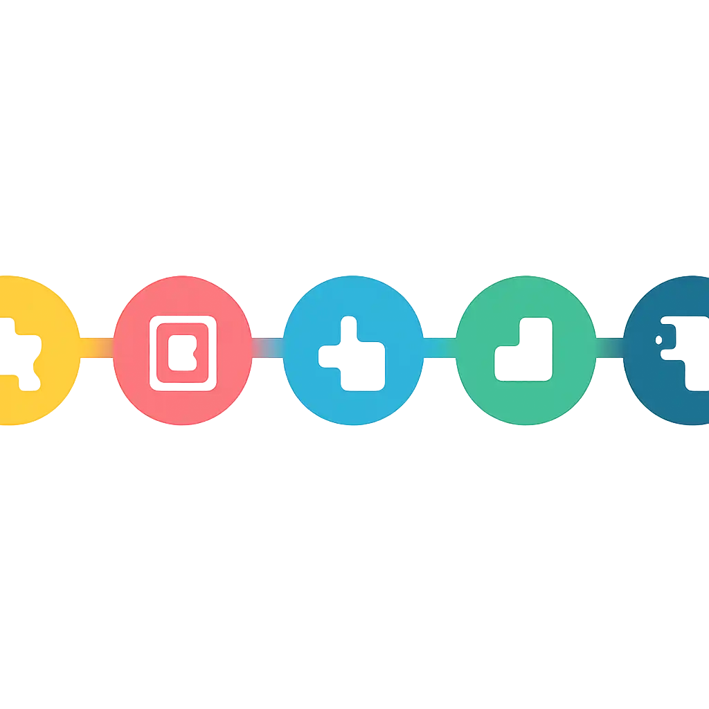 Five numbered circular icons connected by arrows in a horizontal flow, flat illustration, icons only, no words, Star star steps