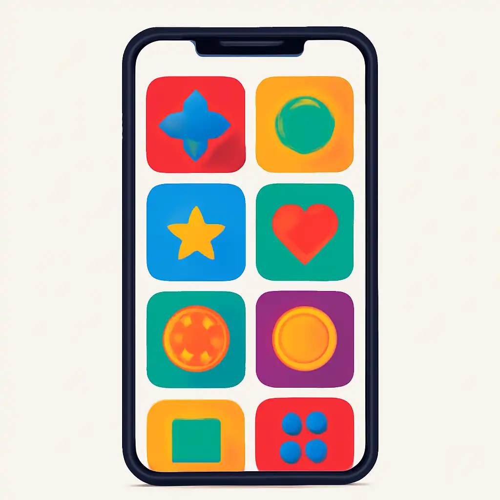 Smartphone shown from the front displaying a colourful flat layout of abstract game icons and rounded tiles (no text, no letters, no labels), Hai