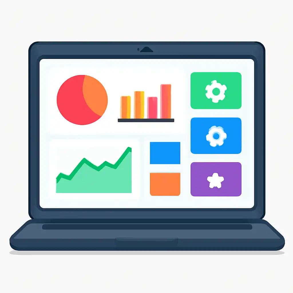 Laptop shown from the front displaying a colourful flat dashboard of abstract charts, bars and icon tiles (no text, no letters, no labels), Hai