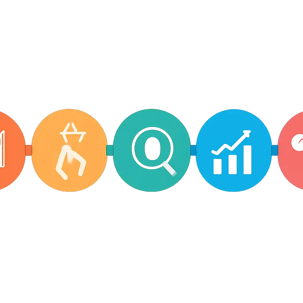 Five numbered circular icons connected by arrows in a horizontal flow, flat illustration, icons only, no words, Hai steps