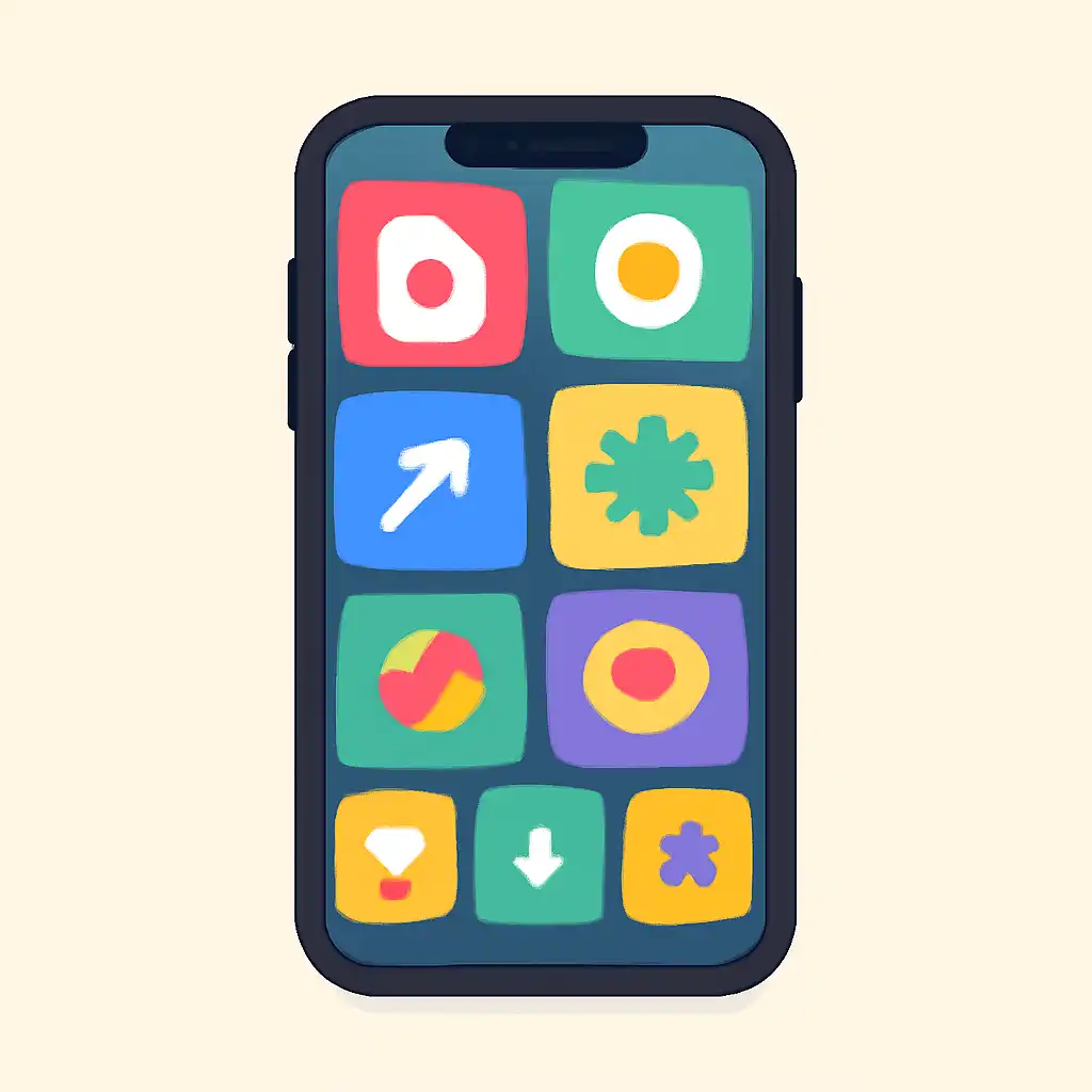 Smartphone shown from the front displaying a colourful flat layout of abstract game icons and rounded tiles (no text, no letters, no labels), Free