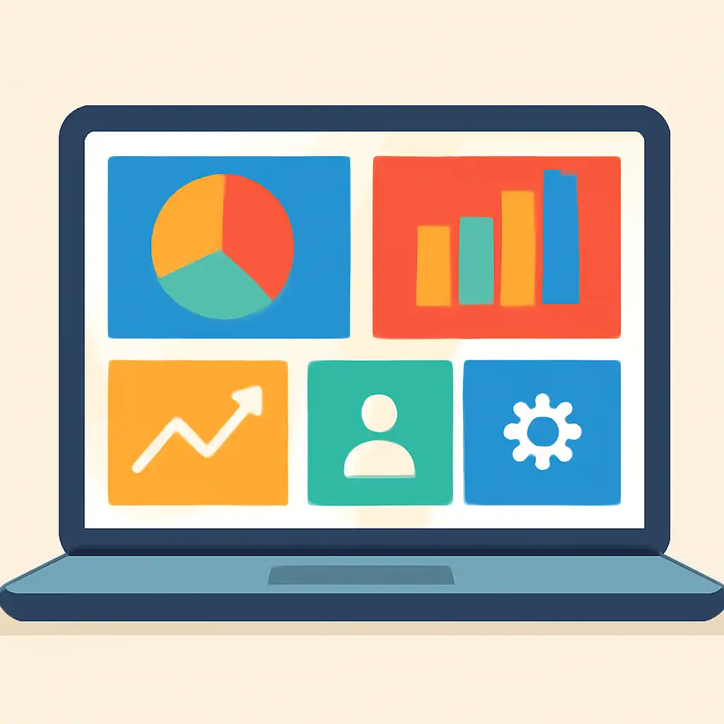 Laptop shown from the front displaying a colourful flat dashboard of abstract charts, bars and icon tiles (no text, no letters, no labels), Free