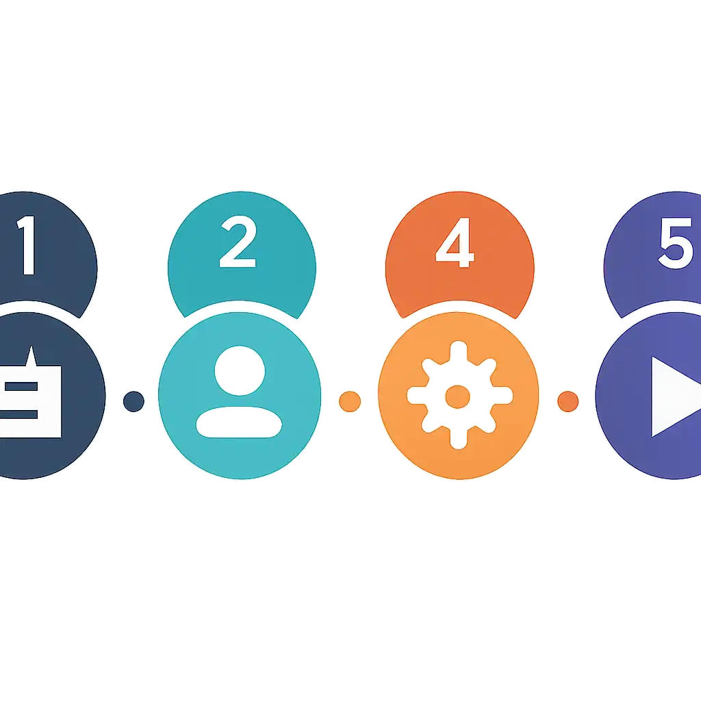 Five numbered circular icons connected by arrows in a horizontal flow, flat illustration, icons only, no words, Free steps